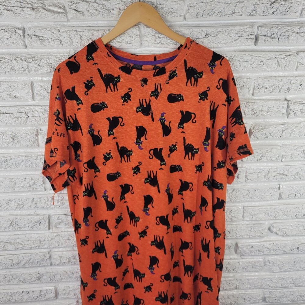 Celebrate Womens XL Halloween Pajama Top Orange Cat Print Short Sleeve ORA22XE - Picture 4 of 10